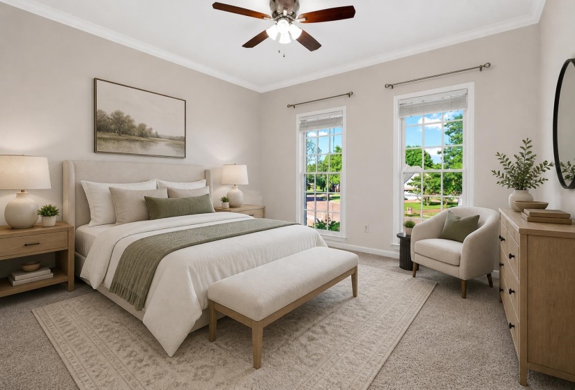 Carpeted bedroom featuring two large windows, crown molding, and a ceiling fan