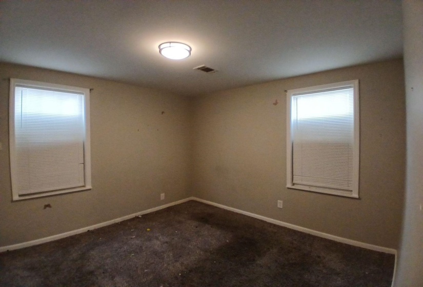 Room with two windows, ceiling-mounted light fixture, and carpeted flooring