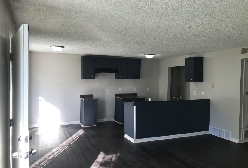 Kitchen featuring dark wood-style flooring, a peninsula, a textured ceiling, dark cabinetry, and dark countertops