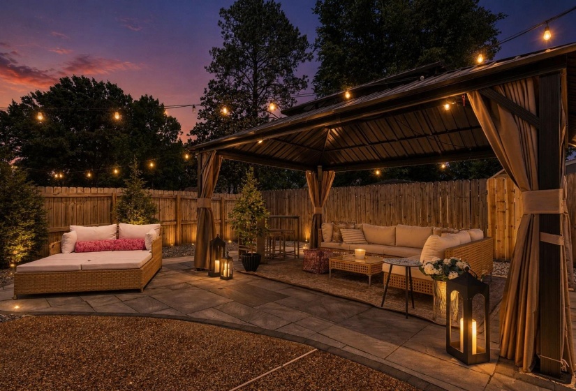 Backyard patio featuring a large metal gazebo with privacy curtains, paver stone flooring, and perimeter string lighting