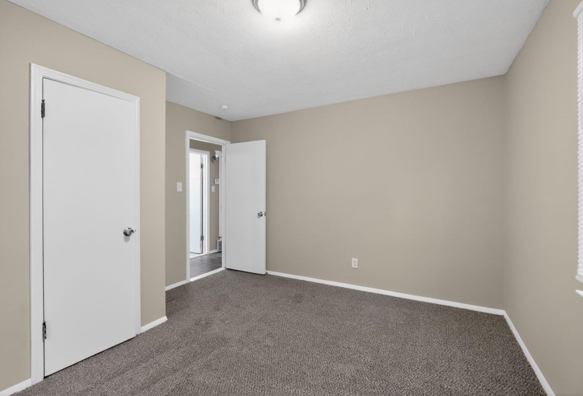 Neutral wall color with textured carpeting and white trim