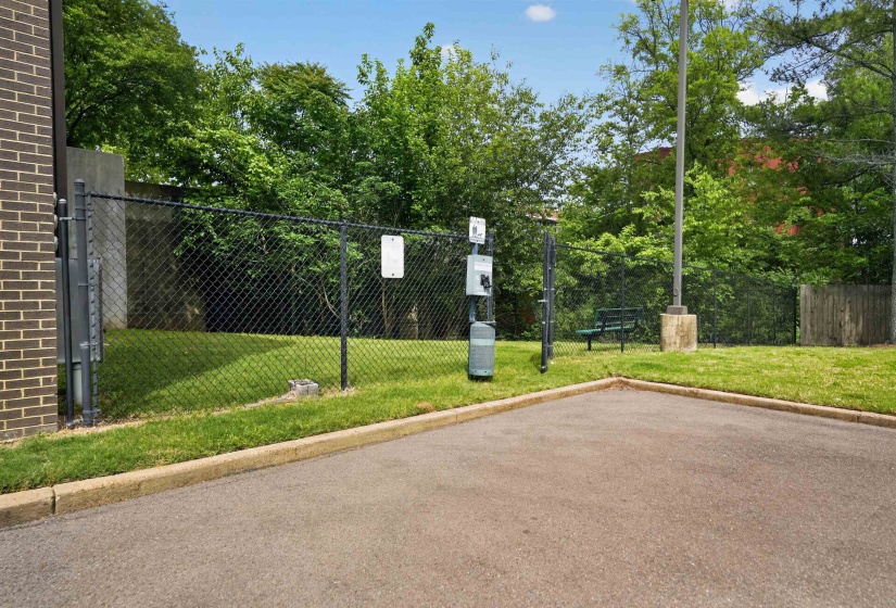 Landscaped green space with a chain-link fence, mature trees, and a paved border