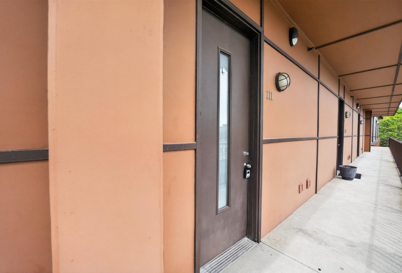 Entrance door with vertical window panel and integrated lock hardware
