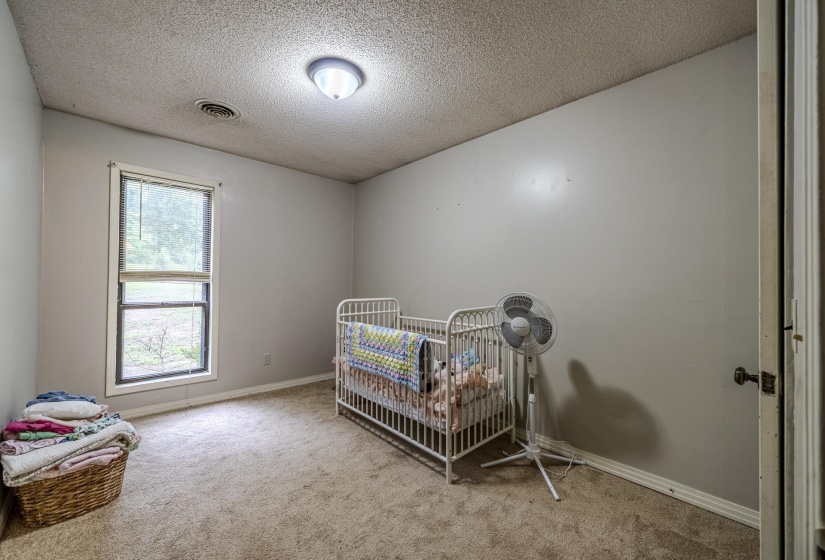 Carpeted room featuring a single window with dark trim, neutral wall color, baseboard molding, and a flush-mount ceiling light fixture