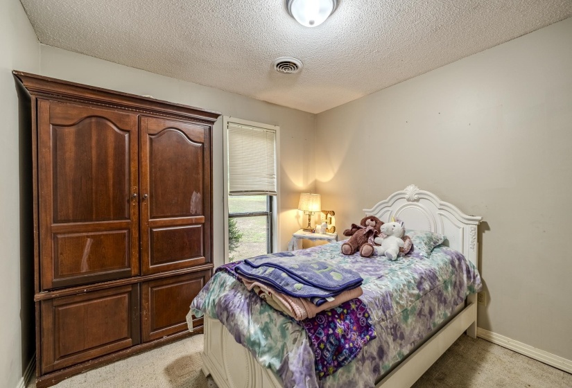 Neutral-toned wall finishes, textured ceiling, a window with blinds, and carpeted flooring