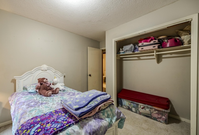 Bedroom featuring light-toned walls, carpet flooring, a white paneled door, and a built-in closet with shelving and a hanging rod