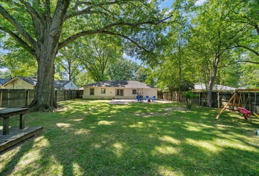 Large backyard with wood fence.
