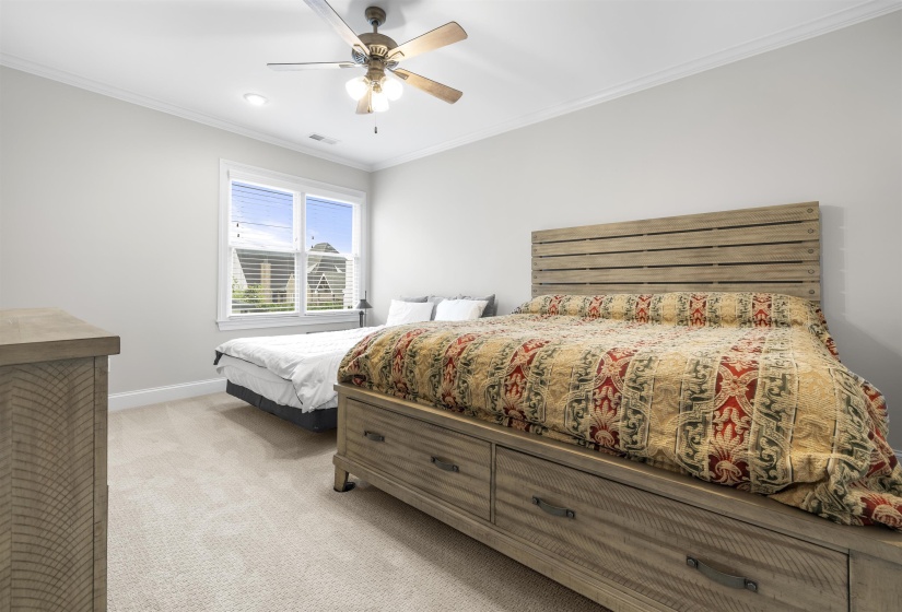 Spacious bedroom featuring light neutral wall paint, crown molding, and carpet flooring