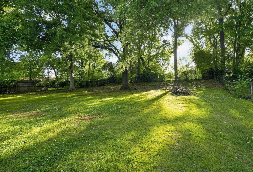 Expansive grassy yard featuring mature trees, a partially fenced perimeter, and a gently sloping terrain