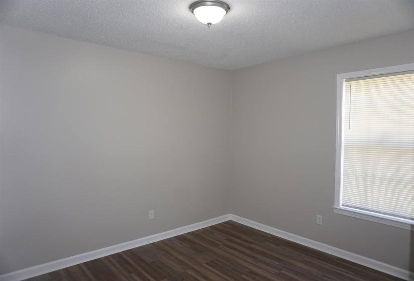 Neutral gray wall paint, wood-finish flooring, white baseboards, and a semi-flush mount ceiling light fixture