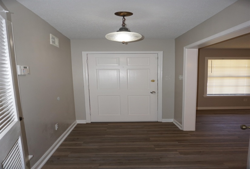 Entryway featuring wood-finish flooring, a six-panel entry door, and a decorative ceiling light fixture
