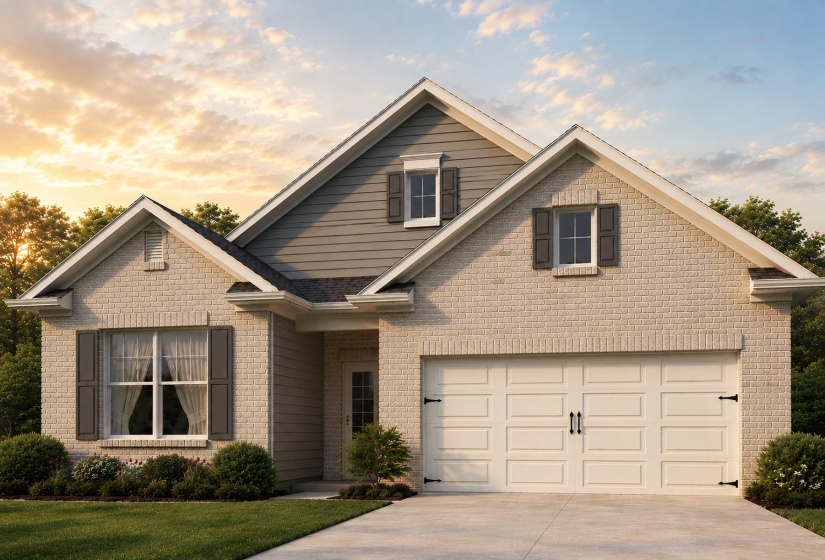 Light-colored brick exterior with gray siding accents