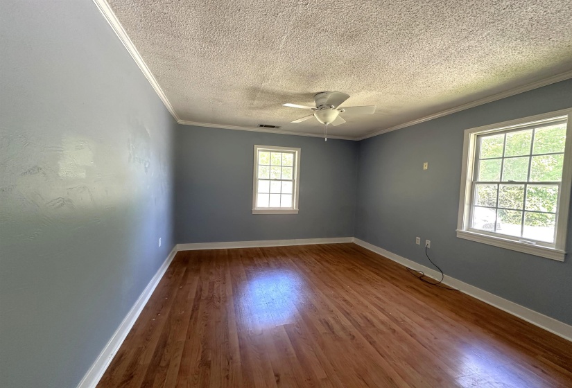 Spacious room featuring wood-finish flooring, two window openings, a ceiling fan, and white trim details