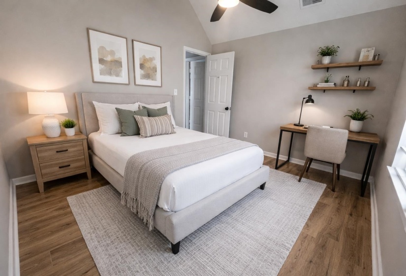 Bedroom with lofted ceiling, ceiling fan, and light wood finished floors