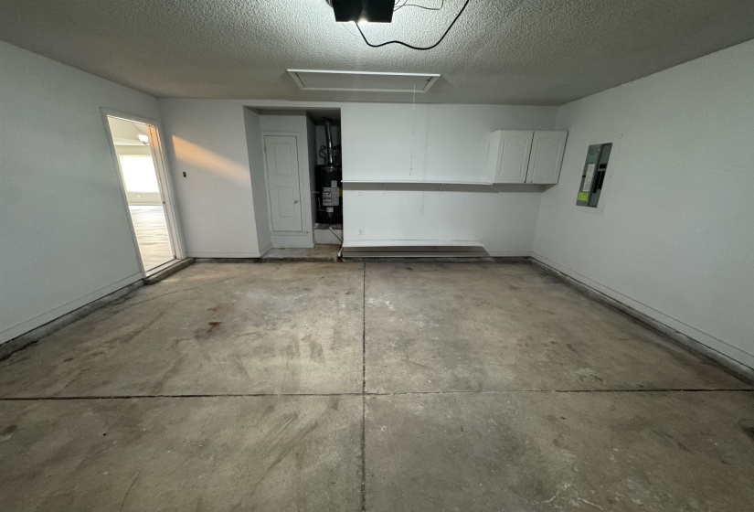 Garage featuring electric panel, a garage door opener, and gas water heater