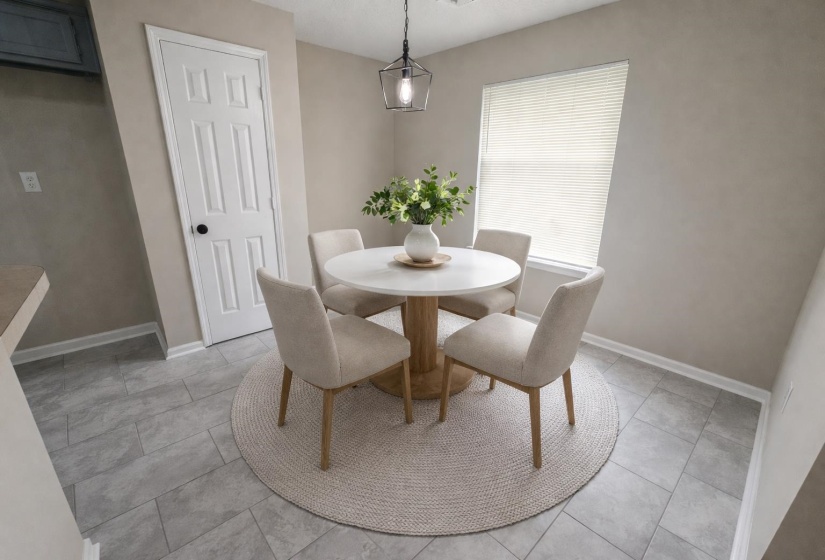 Dining area featuring light tile patterned flooring