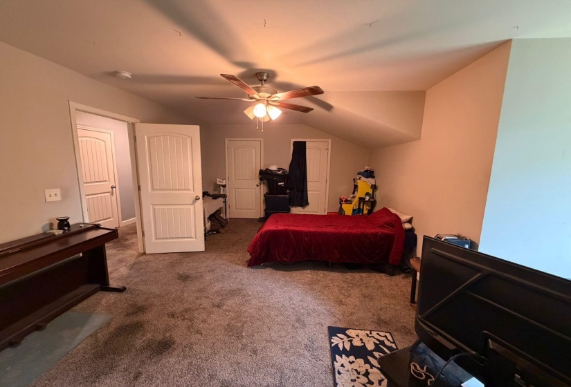 Carpeted room with a ceiling fan light fixture, sloped ceiling, and multiple paneled interior doors