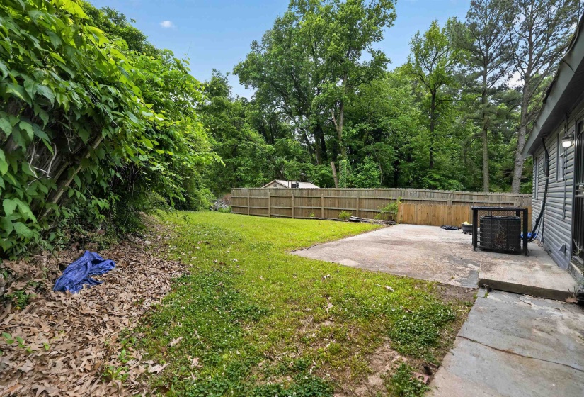 Expansive backyard featuring a concrete patio, wood fencing, and mature trees