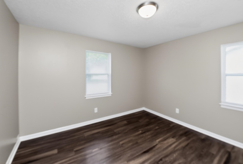 Room featuring wood-finish flooring, two windows with white trim, light gray walls, and a flush-mount ceiling light fixture