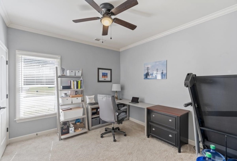 Spacious room featuring light gray wall paint, crown molding, a built-in ceiling fan with integrated lighting, window with blinds, and light-colored carpeting