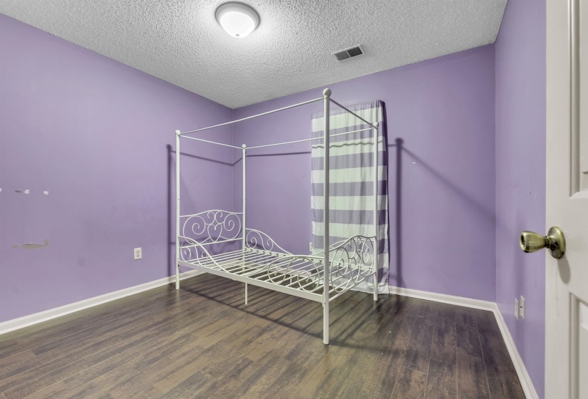 Interior room with dark wood-finish flooring, purple walls, and white baseboards