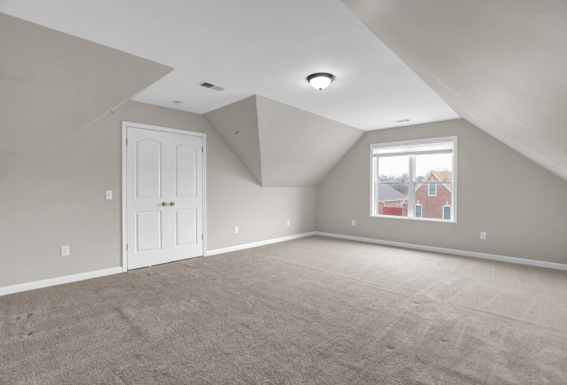 Additional living space featuring lofted ceiling and carpet