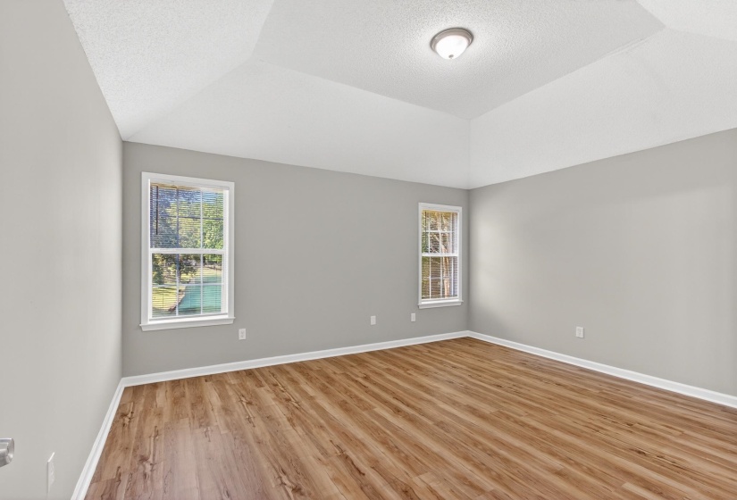 Spacious room featuring a tray ceiling, two double-hung windows, wood-finish flooring, and neutral wall paint