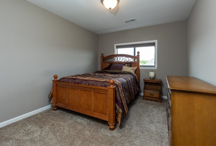 Carpeted room featuring a window with natural light, light gray walls, white trim, and a ceiling-mounted light fixture