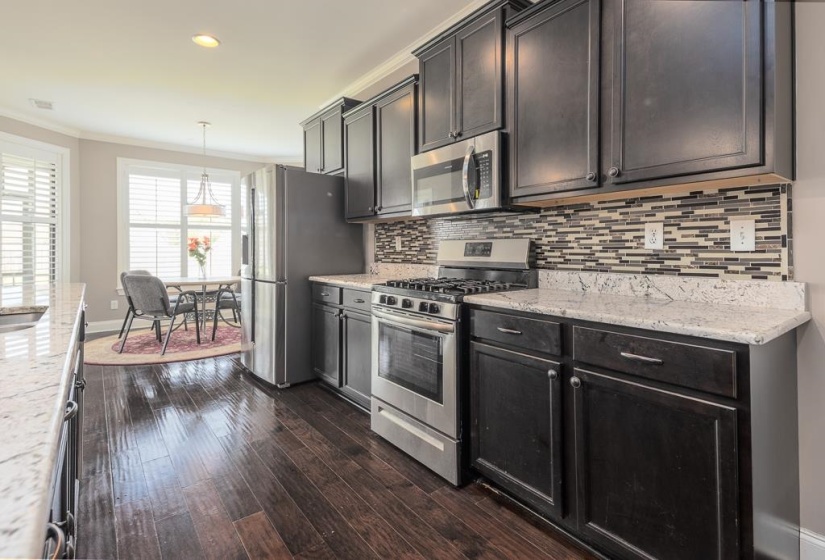Kitchen featuring dark wood-finish flooring, stainless steel appliances, dark cabinetry, light countertops, and a tiled backsplash