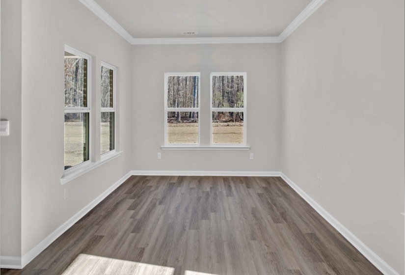 Spare room featuring dark wood-style flooring, ornamental molding, and plenty of natural light