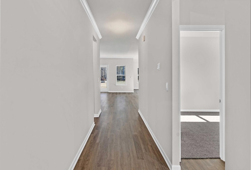 Hallway featuring dark wood-style floors and ornamental molding