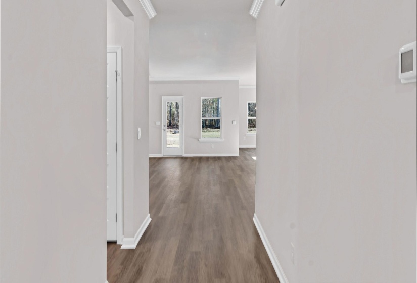 Corridor featuring dark wood-type flooring and crown molding