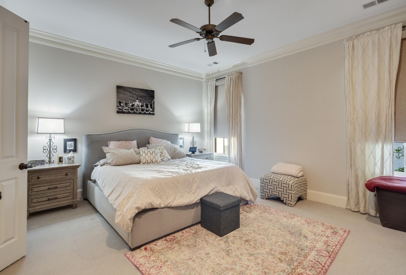Spacious room featuring neutral carpeting, a ceiling fan, crown molding, and two windows with roller shades and drapery