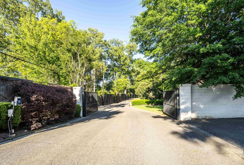 Gated entry with a paved driveway, flanked by mature trees and manicured shrubbery