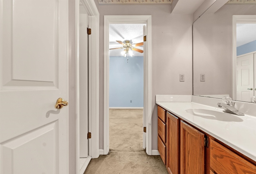 Bathroom vanity with a white countertop and integrated sink, mirrored wall, and wood-finish cabinetry