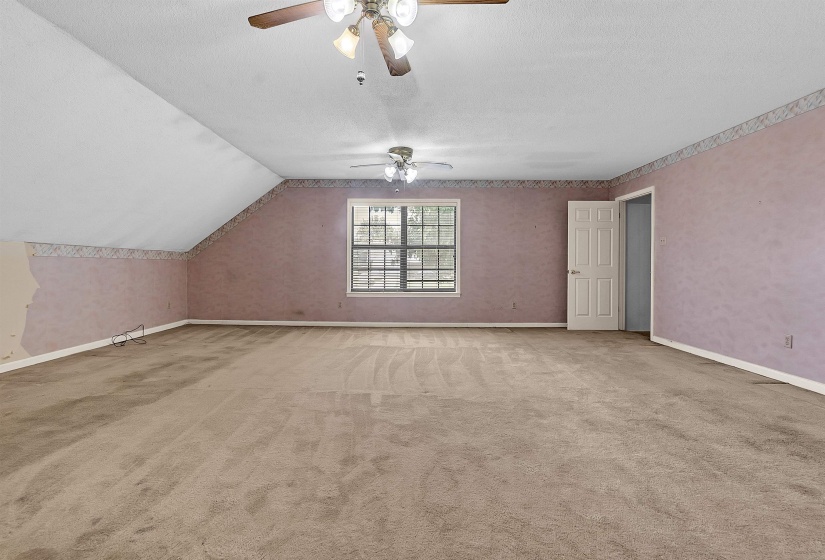 Expansive carpeted room featuring sloped ceilings, two ceiling fans with light kits, a multi-pane window, and a white interior door