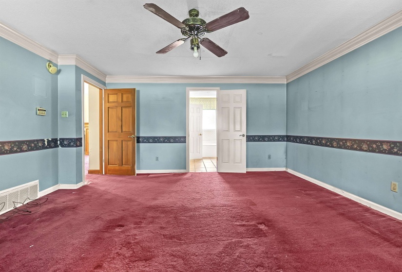 Spacious interior room featuring a ceiling fan, crown molding, and two panel doors