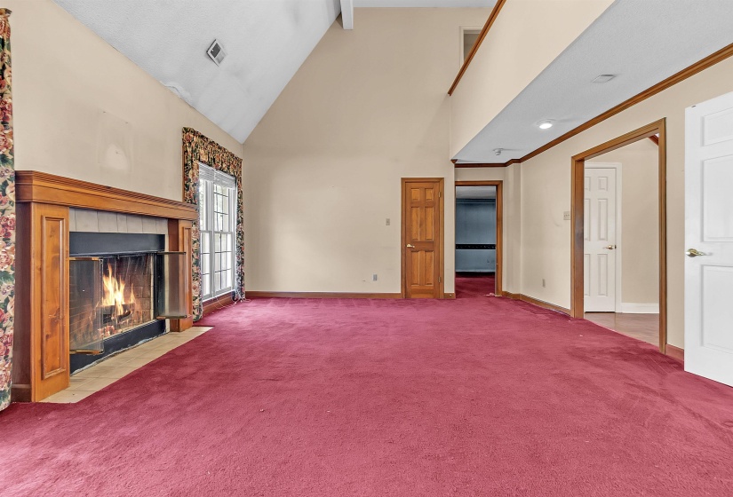 Living area featuring a vaulted ceiling, wood-surround fireplace with a tile hearth, and a window with patterned drapes
