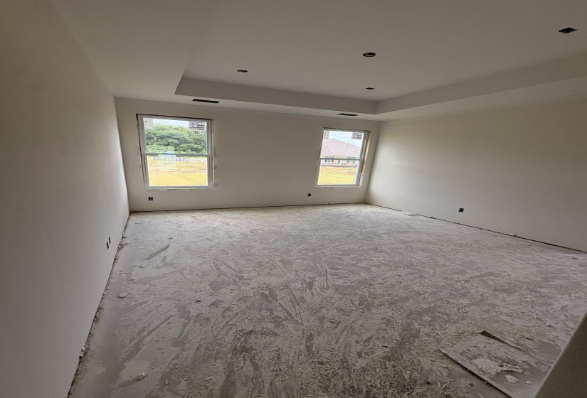 Spacious room featuring a tray ceiling with recessed lighting, two double-hung windows, and a neutral color palette