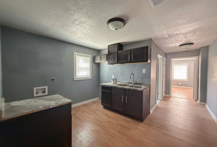 Kitchenette featuring dark cabinetry, a double basin sink, and wood-finish flooring