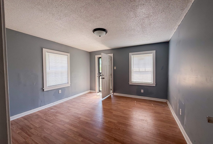 Room featuring light wood-finish flooring, two windows with white blinds, and a white ceiling light fixture