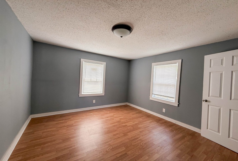 Spacious room featuring wood-finish flooring, neutral gray walls, two windows with blinds, a white paneled door, and a flush-mount ceiling light fixture