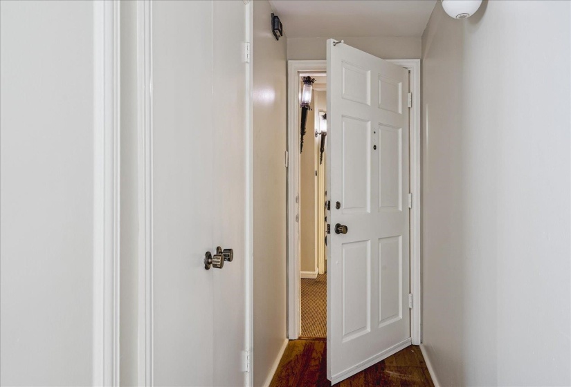 Entryway featuring a paneled door with dark hardware, wood-finish flooring, and light wall paint