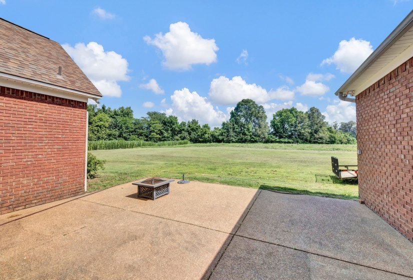 Expansive concrete patio with a fire pit, bordered by brick exterior walls and an open green space