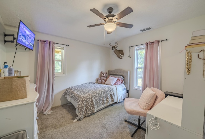 Carpeted bedroom featuring a ceiling fan with integrated lighting, two windows with curtain rods, and a wall-mounted television bracket