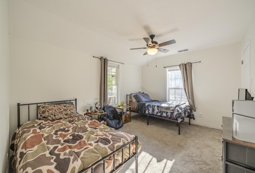 Carpeted room with white walls, two windows, and a ceiling fan with light fixture
