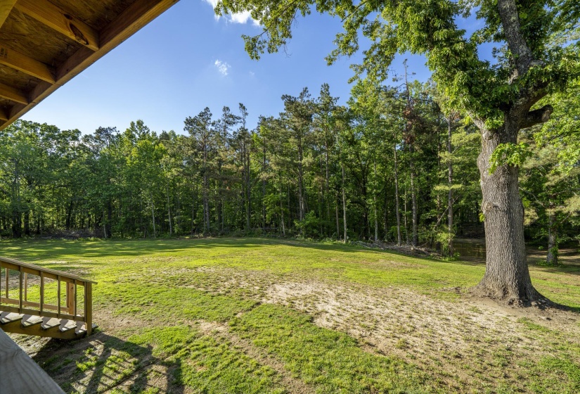 Expansive backyard featuring a manicured lawn, mature trees, and a wooden deck with steps