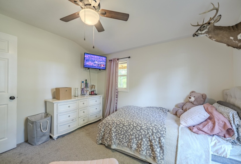 Neutral wall paint, ceiling fan with light fixture, and carpet flooring
