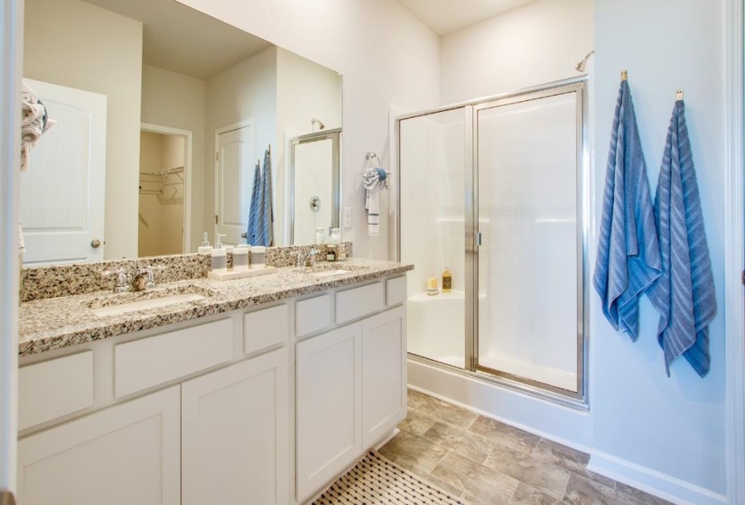 Bathroom featuring vanity and a shower with door