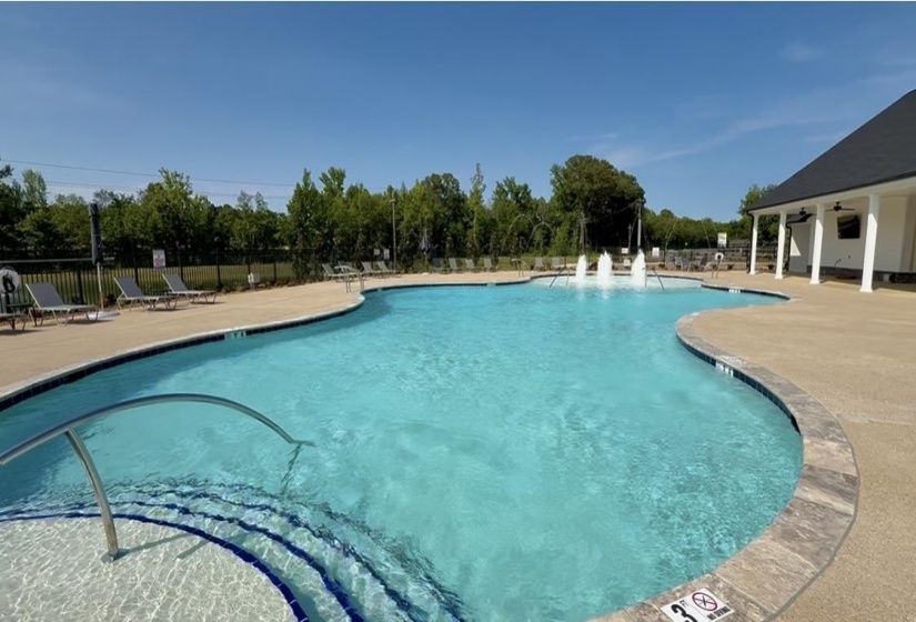 Community pool featuring a patio area and a ceiling fan